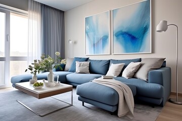 Blue Accents in Modern Living Rooms: Contemporary Style with a Sleek Sofa and Blue Frame