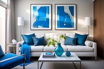 Blue Frame Elegance: Contemporary Living Rooms with Sleek Sofa and Modern Blue Accents