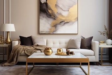 Contemporary Gold Accent Square Coffee Table with Art Deco Room and Abstract Art Poster Synergy