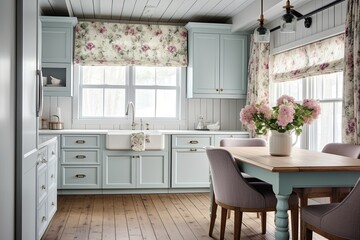 Pastel Cottage: Floral Curtains & Farmhouse Style Kitchen with Hardwood Floors