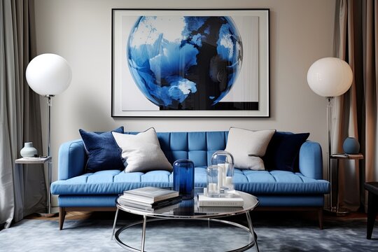 Blue Accents in Modern Living Rooms: Contemporary Style with Blue Frame and Sleek Sofa