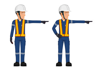 Set of construction worker in the position of pointing something beside him self