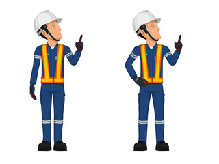 Set of construction worker in the position of pointing something over his head