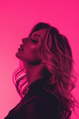 Woman With Long Hair Standing in Front of Pink Background. Generative AI