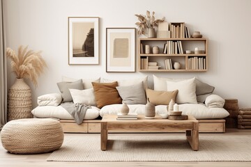 Beige Cushions & Wooden Shelving: Cozy Scandinavian Boho Living Room Retreat