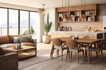 Fototapeta premium Desert Modern Living & Dining Room: Cactus Decor, Earthy Tones & Wooden Accents