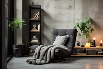 Fabric Lounge Chair Decor: Loft Design with Concrete Finishes and Black Coffee Table
