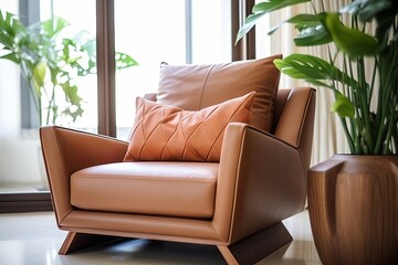 Fototapeta premium Leather Armchair Elegance: Minimalist Fabric Lounge Chair Decor in Open Concept Space