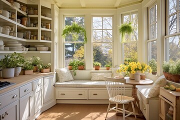 Sunlit Farmhouse Style Kitchen: Bay Windows, Fresh Herbs, Wicker Chair Bliss