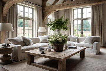Square Coffee Table Farmhouse Room: Wooden Beams & Classic Curtain Design