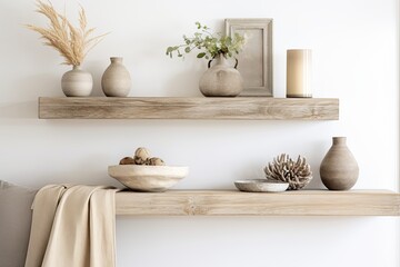 Fototapeta na wymiar Coastal Living Rooms: Floating Wooden Shelf Ideas with White-Washed Wood, Seashell Decorations & Beachy Ambiance