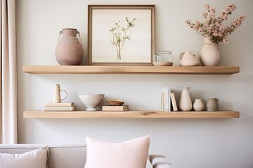 Fototapeta na wymiar Floating Wooden Shelf Ideas: Cozy Cottage Living Rooms with Pastel Decor and White Wood Accents