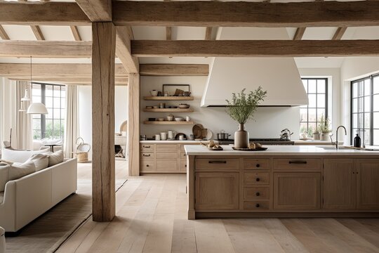 Rustic Elegance: Farmhouse Style Kitchen with Minimalist Living Spaces and Classic Wooden Beams