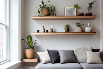 Floating Wooden Shelf Ideas for Urban Living Rooms with Sleek Modern Ornaments