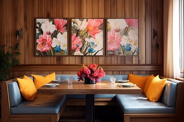 Vibrant Floral Cushion Designs Pop Against Abstract Wood Paneling Dining Rooms with Elegant Wooden Flooring