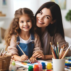  Painting, girl and mother bonding in creative art activity in home or house for school, learning and education project. Portrait, smile and happy Brazilian mom helping family child in fun color class - obrazy, fototapety, plakaty