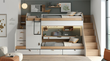 Bunk beds with builtin storage drawers and a folddown desk perfect for a shared bedroom or a compact home office.