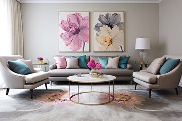 Floral Pattern Cushion Inspo: Contemporary Living Room Design with Statement Rug and Sleek Furniture
