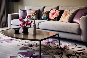 Floral Pattern Cushion Fusion in a Contemporary Living Room: Statement Rugs, Sleek Furniture & Design Focus