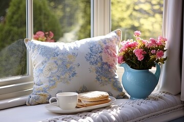 Fototapeta na wymiar Floral Pattern Cushion Inspirations: Sunny Bay Window Reading Spot with Soft Throws for Afternoon Tea