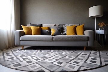 Geometric Rug Patterns in Living Spaces: Contemporary Chic Lounge with Grey Sofa & Stylish Lamp