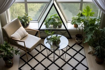 Contemporary Geometric Rug Patterns in Living Spaces with Glass Pendant and Indoor Plants