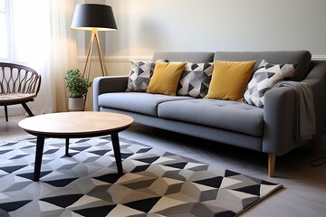 Contemporary Grey Sofa: Geometric Rug Patterns in Living Spaces & Chic Lamp Complement