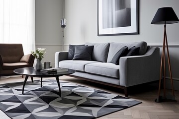 Geometric Rug Patterns in Living Spaces: Contemporary Lounge with Grey Sofa and Chic Lamp