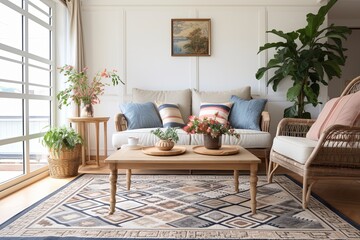 Country Chic: Geometric Rug Patterns, Floral Cushions, and Rattan Side Table in Living Spaces