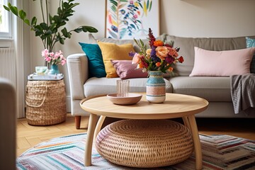 Country Touch: Geometric Rug Patterns & Floral Cushions in Living Spaces with Rattan Side Table Aesthetic