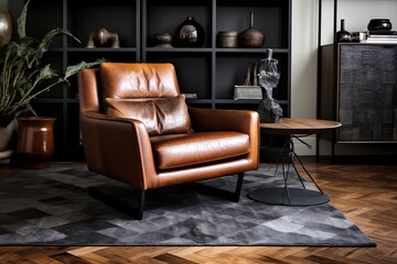 Geometric Rug Patterns: Industrial Edge Living Space with Metal Accents and Leather Armchair