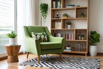 Geometry Meets Mid-Century: Green Armchair & Wooden Shelving in Modern Rug Patterns