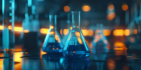 Laboratory test tubes flasks on a blurred background Selective soft focus. - obrazy, fototapety, plakaty