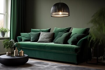 Scandinavian Green Hue Velvet Sofa Inspiration with Pendant Lamp Enhancement