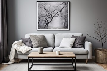 Grey Wall Art Poster Ideas and Black Coffee Table Contrasts: A Scandinavian Boho Mix on White Walls