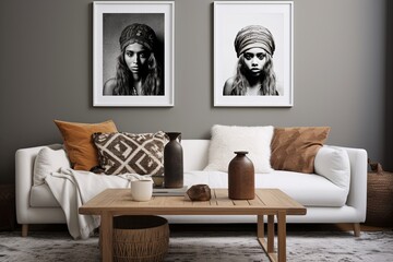 Grey Wall Art Poster Ideas: Scandinavian Boho Mix with Black Coffee Table Contrasts on White Walls