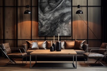 Industrial Edge: Abstract Wood Paneling Dining Room with Leather Couch and Raw Metal Finishes