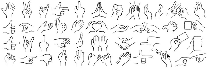 Hand poses in different gesture, big set vetor collection. Outline, thin line art, hand drawn sketch design, black and white ink style. 