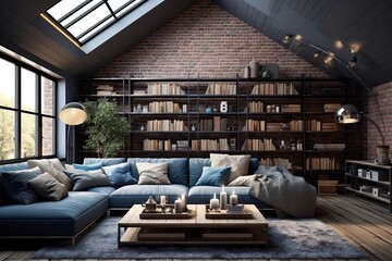 Blue Accents Industrial Loft Living Room: Modern Elegance with Exposed Brick and Blue Shelving