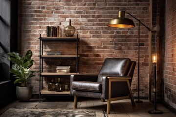 Brass Legged Side Table Decor in Industrial Loft: Exposed Brick, Metal Shelf & Leather Lounge Chair