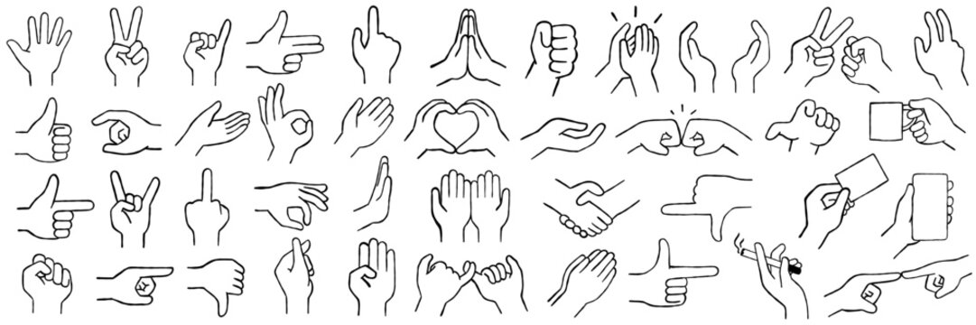 Hand poses in different gesture, big set vetor collection. Outline, thin line art, hand drawn sketch design, black and white ink style. 