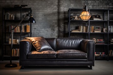 Contemporary Leather Couch in Industrial Setting with Metal Bookcase, Floor Lamp, and Chic Cushions
