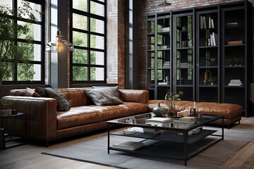 Urban Elegance: Leather Couch in Modern Industrial Apartment with Glass Partition