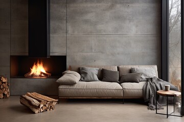 Sleek Leather Couch in Industrial Space: Modern Fireplace, Metal Grid Window