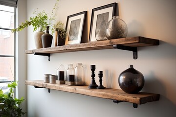 Urban Chic Loft Style: Reclaimed Wood Floating Shelf Ideas with Leather Brackets in Living Rooms
