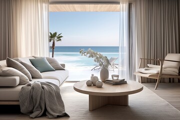 Marble Top Coffee Table Designs for Beach House Paradise: Sea View and Light Curtains