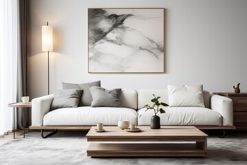 Fototapeta na wymiar Top Marble Coffee Table Designs | Minimalist Lounge with Grey Couch and Art Poster Wall.
