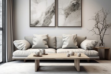 Marble Top Coffee Table Designs: Minimalist Lounge with Grey Couch and Art Poster Wall