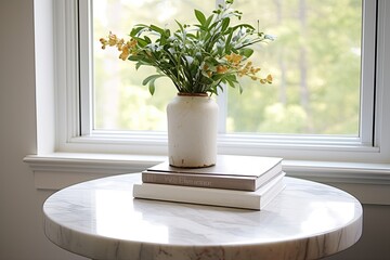 Marble Top Coffee Table Designs: Natural Light Plant Corner Minimal Decor Composition