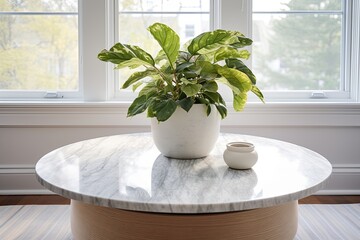 Designer Marble Top Coffee Tables: A Natural Light Haven with Lush Plant Corner and Minimal Decor